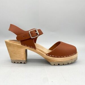 Mia Womens 41 10 Greta Swedish Clogs Sandals Brown Leather Wood Heel Peep Toe